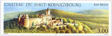 Château du Haut-Koenigsbourg (Bas-Rhin) Timbre-poste émis en 1999 Dessiné par Serge Hochain, mis en page par Charles Bridoux et gravé par Claude Jumelet