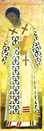 Andreï Roublev, Saint Jean-Chrsysostome, icône formant partie du registre du Déesis de l’iconostase de la Cathédrale de l’Assomption a Vladimir. Conservée au  Musée Tretyakov de Moscou