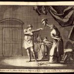 Didyme donnant ses vêtements militaires à Theodora. Gravure néerlandaise du XVIIIe siècle.